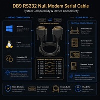 Kabel Serial Crossover RS232 DB9 Female ke Female 1m Custom, Pelindung Jalinan PVC, Kabel Komunikasi Null Modem untuk Port COM Stok Tersedia