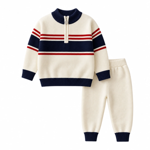 Conjunto de 2 piezas de suéter <span class=keywords><strong>y</strong></span> pantalón a rayas con cremallera media para bebé, ropa de invierno suave <span class=keywords><strong>y</strong></span> cálida para niños pequeños, venta al por mayor - Product Image 3
