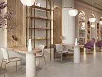 Service de design d'intérieur pour salon de beauté : Étagère de présentation en métal doré à arche et aménagement de boutique de manucure en terrazzo