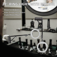 LiveStudioMaker Lampu Cincin Cermin Berkualitas Tinggi 22 Inci dengan Tripod, Remote Kontrol Nirkabel, 3 Penyangga Ponsel, dan Dudukan Dinding Portabel