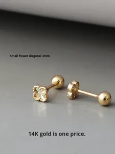 Pendientes <span class=keywords><strong>de</strong></span> <span class=keywords><strong>Oro</strong></span> <span class=keywords><strong>Puro</strong></span> Coreano <span class=keywords><strong>de</strong></span> 14K <span class=keywords><strong>para</strong></span> <span class=keywords><strong>Mujer</strong></span>, Diseño <span class=keywords><strong>de</strong></span> Flor <span class=keywords><strong>de</strong></span> Cuatro Pétalos Facetada con Láser, Pequeños, con Cierre <span class=keywords><strong>de</strong></span> Rosca, Joyería Femenina - Product Image 3