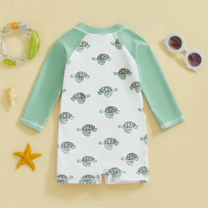 Traje de baño de manga larga con estampado de tortuga, cocotero, velero, cuello simulado, cremallera, para niños pequeños, 1 unidad - Product Image 5