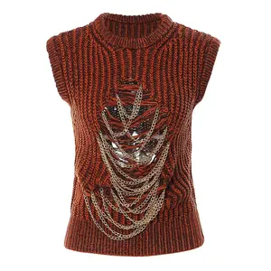 OUDINA New Women's Sweaters Casual Chain Hollow Sleeveless Custom Knit Pullover Sweater