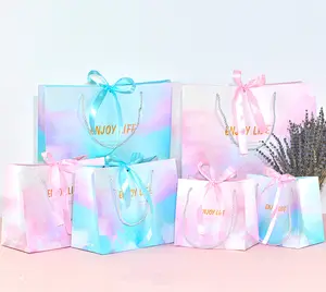 Частная торговая марка, розовый и синий градиентный подарочный бумажный пакет с ленточной застежкой