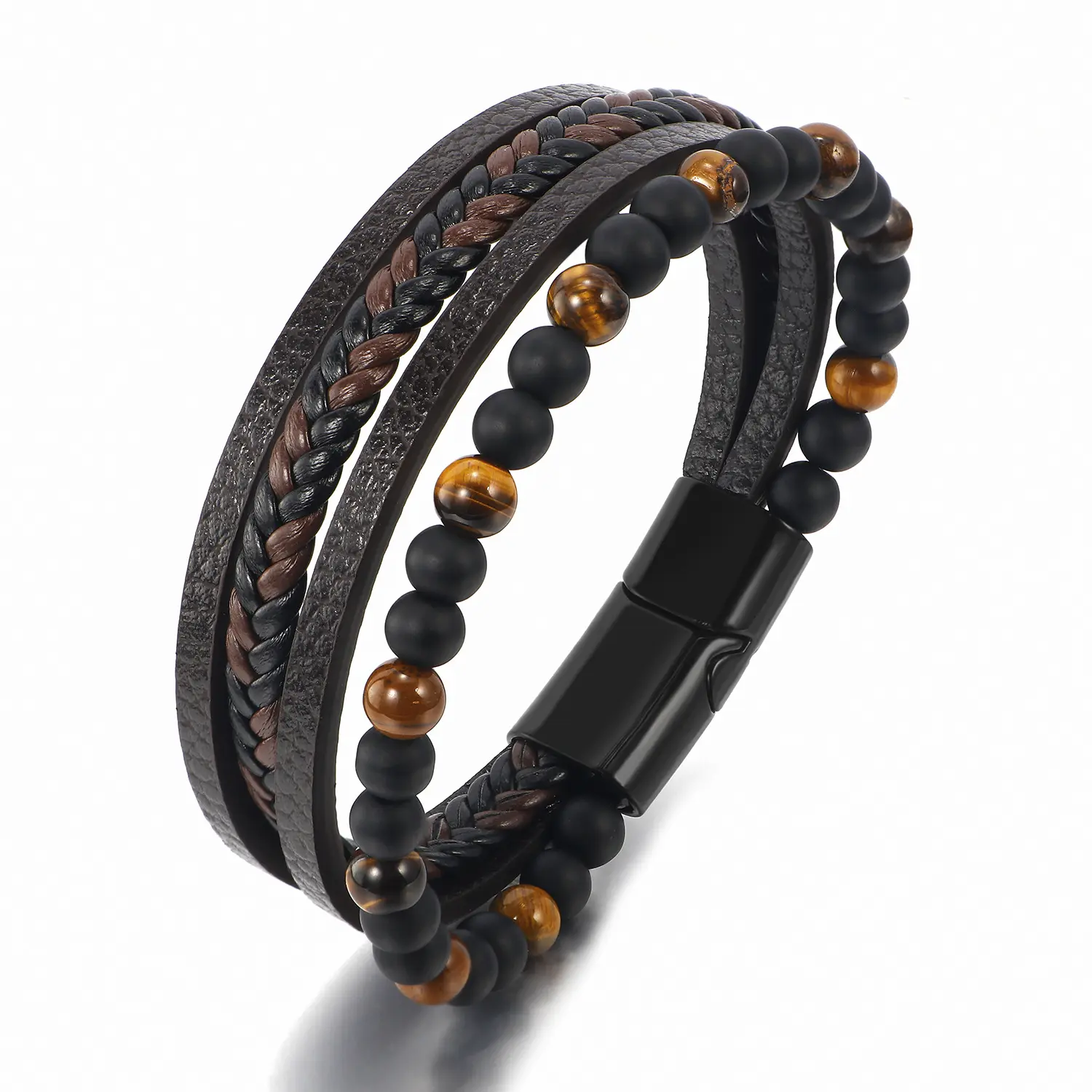Multilayer Natural Stone Bracelets Wholesale Handmade Braided Tiger Eye Stone PU Leather Bracelet for Men