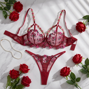 Red Floral Embroidery Lace Lingerie <b>Set</b> Sheer Mesh Underwire Bra and Thong Panties <b>Set</b> 2 Piece <b>Sexy</b> Intimates <b>Set</b> OEM ODM - Product Image 2
