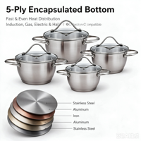 Ensemble de casseroles en acier inoxydable de qualité supérieure, antiadhésif, avec couvercles en verre, compatible avec les cuisinières à induction, à gaz et électriques, passe au lave-vaisselle