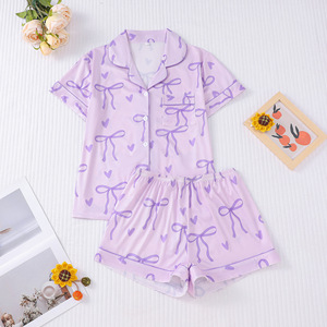 Set <span class=keywords><strong>pigiama</strong></span> Lushwin estivo viola abbigliamento da salotto con fiocco 2 pezzi Set di pantaloncini con stampa <span class=keywords><strong>pigiama</strong></span> Suit - Product Image 1