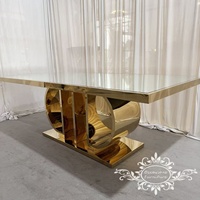 Table de salle à manger en acier inoxydable au design moderne avec verre miroir brillant pour le mariage des mariés d'hôtel
