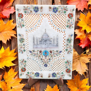 ถาดหินอ่อนสีขาว12 "สำหรับตกแต่งพร้อมดีไซน์แบบทัชมาฮาลและวัสดุทำจากหิน - Product Image 4