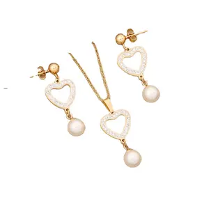 Elegant Flower Imitation Pearl Stainless Steel Zircon Heart 18k Gold Plated Necklace and Earrings Fashion Jewelry Sets for Women