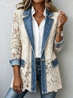 Blazer en jean pour femme avec dentelle florale, manches longues, bouton unique, décontracté, élégant, veste de bureau avec poches