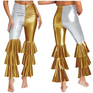 Pantalon évasé métallisé pour femme, taille haute, à volants superposés, effet liquide, pour festivals, soirées et spectacles sur scène - Product Image 2