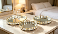 Ensemble de 3 plateaux décoratifs en cristal miroir, cadre en métal doré/argenté, plateau rond pour bougies, cosmétiques, décoration de table de mariage