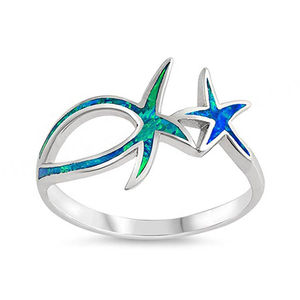 Fashion Classic <b>Blue</b> Fire <b>Opal</b> Women's 925 Sterling Silver Bezel Setting Starfish Wedding <b>Ring</b> - Product Image 1