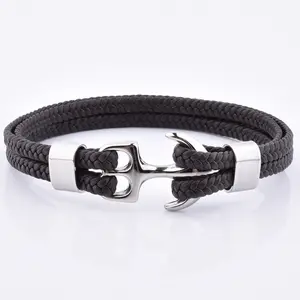 New China Supplies Manufacture Men Fashion Black Leather Bracelet Rose Gold Anchor Bracelet