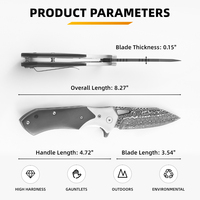 Klappmesser mit Rahmenverschluss, Kugellager, Damaszener Stahlklinge, für Outdoor, EDC, Camping und taktische Zwecke, mit Stahlkopf und Ebenholzgriff