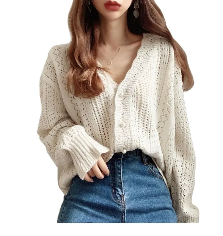 2021 Fashion Gentle Style Knitting Sweater Coat Jacket Thin Women Loose Solid Color White Outer Cardigan For Holiday
