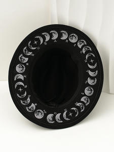 Sombrero Fedora Negro <span class=keywords><strong>de</strong></span> Ala Ancha con Adorno <span class=keywords><strong>de</strong></span> Fase Lunar y Símbolo del Zodiaco, Novedad 2026 - Product Image 3