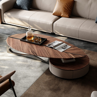 Table Basse Moderne de Forme Feuille Nordique Avec Base en Acier Inoxydable, Plateau en Bois Massif et Tiroirs, Meuble de Salon