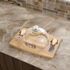 Toptan cam tereyağı tabağı kapaklı tereyağı tabağı kapaklı ve bıçak peynir kesme tahtası bambu peynir kesme tahtası seti - Product Image 2