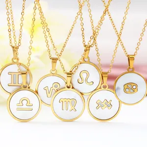 Fashion Stainless Steel 18K Gold Plated Puka Shell Zodiac Sign Pendant Round Coin Pendant Necklace For Women