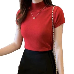 Suéter de Malha Feminino Estilo Coreano com Gola Alta e Manga Curta, Novo, Elegante, Fino e Modelador, Blusa Base Curta para o Verão - Product Image 1