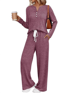 Conjunto de 2 piezas de punto acanalado cepillado para mujer, otoño-invierno 2026, suelto, de manga larga, con pantalón, chándal, venta al por mayor - Product Image 1