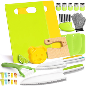 28 Stück Kleinkindmesser-<span class=keywords><strong>Set</strong></span> echtes Kochen Holz-Kinder-Küchenmesser-<span class=keywords><strong>Set</strong></span> mit Handschuhen Schneidebrett Obst Gemüse Kreppenschneider - Product Image 1