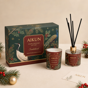 Aikun Festive Pine Clear Reed Diffuser and Frosted Scented <b>Candle</b> <b>Gift</b> <b>Set</b> with Natural Reeds and Printed Box for Christmas - Product Image 4