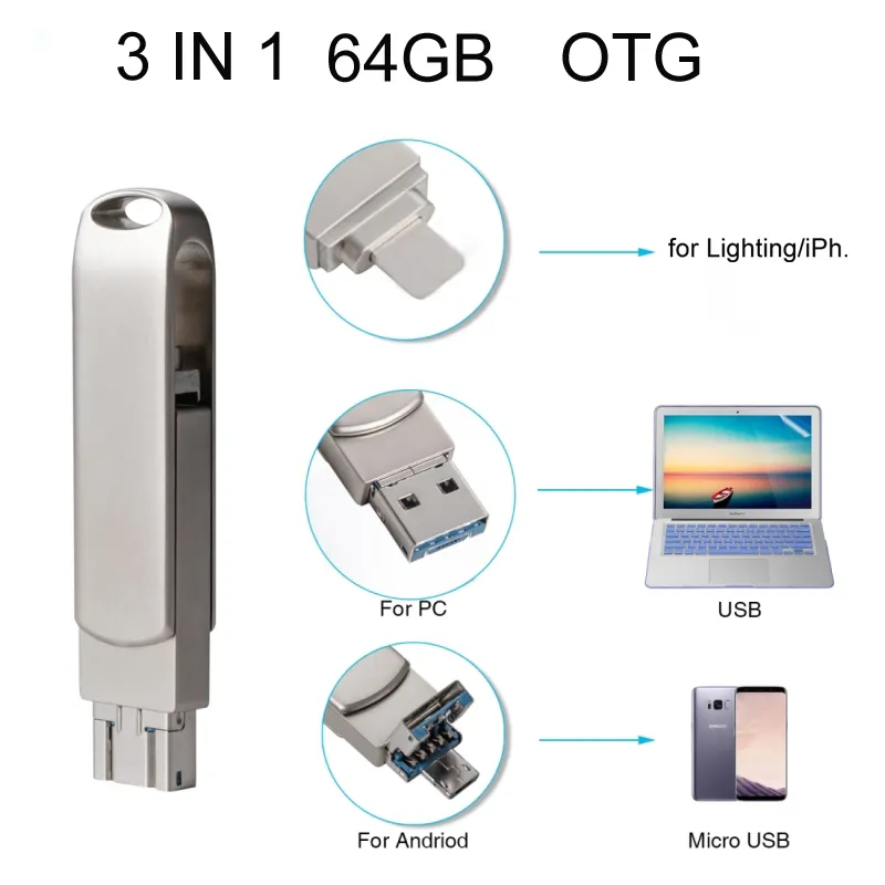 Özel 3 IN 1 OTG USB Flash sürücü 64GB 32GB 8GB 16GB 128GB kalem sürücü Smartphone Pendrive OTG 3.0 USB Flash sürücü