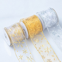 Ruban décoratif en gros E-Magic, 63 mm, or, argent, ruban transparent de Noël, ruban imprimé flocons de neige pour emballage de cadeaux de Noël
