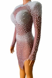 Abito da sera sexy per performance sul palco, danza dello Xinjiang, con strass, perle e rete trasparente, per donne, ideale per compleanni e balli di fine anno - Product Image 3