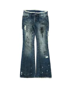 Women Casual Cotton Dark Blue Stacked Flare Jeans Wash Blue Paint Double Knee Fabric Work Trousers Stacked Denim Pants