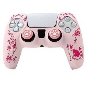Coque en silicone motif chat et fleurs de cerisier avec capuchons de joysticks pour manette <span class=keywords><strong>PlayStation</strong></span> 5, impression par transfert d'eau - Product Image 3