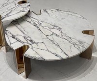 Table basse gigogne de luxe 2 pièces, plateau en marbre fritté personnalisé, pieds en acier inoxydable doré, mobilier de salon pour villa et hôtel