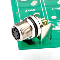 Conector chapado en oro al por mayor de fábrica de alta calidad CE RoHS, 5 pines, M12, código D, montaje en PCB, enchufe de ángulo recto IP67, hembra blindada