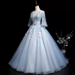 Light Blue V-neck Chiffon Ball Gown Dress With Floral Embroidery Empire Waistline For Evening Events - Product Image 3