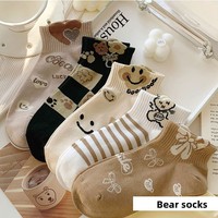 Chaussettes courtes d'été pour femmes, motif ours mignon, bordure dentelle, fines, absorbantes, à carreaux – Vente en gros disponible