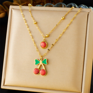 Collar vintage de doble capa con diseño de cereza, corazón y brújula, cadena de acero inoxidable con esmalte, para mujer, venta al por mayor - Product Image 5