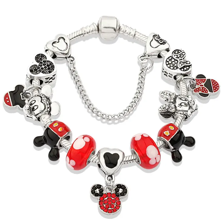 Red Minnie Mickey Silver Plated Mouse Cute Kids Charm Bracelet Gift For Girls Womens DIY Jewelry