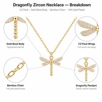Collar de latón chapado en oro de 14K con colgante de libélula de circonita y cadena de bambú, diseño delicado y exclusivo, regalo al por mayor Woying