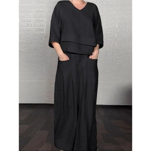 Ensemble 2 pièces pour femmes, décontracté, couleur unie, grande taille, manches trois quarts irrégulières, col en V, haut et pantalon en coton, tendance - Product Image 3