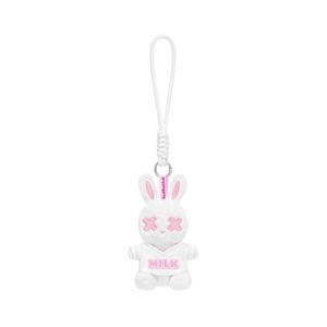 Porte-clés Mascotte Lapin Hiver en Peluche Douce Blanche avec Détail Brodé Tenue Rose Lait et Anneau Métallique - Product Image 1