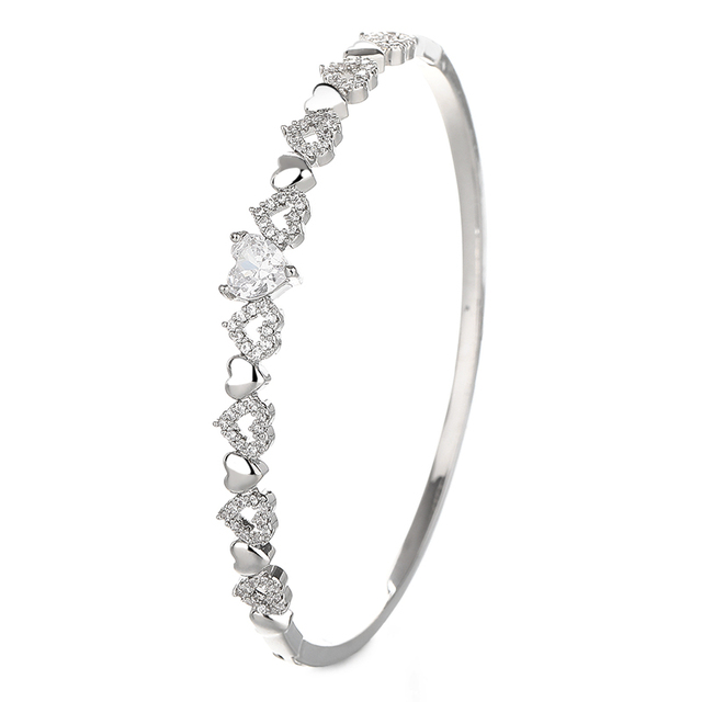 HLL Classic 925 Sterling Silver Rhodium Plated Heart Zircon Ring Elegant Fine Bangle for Women and Girls Perfect Gift Idea