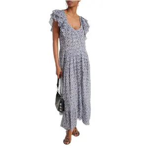 Godralia floral print cotton midi dress loose fit with a subtle sheer fabric and charming ruffle details at the shoulders custom