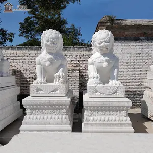 Natuurlijke Hand Gesneden Steen Wit Marmeren Leeuw Gezicht Standbeelden Chinese Foo Hond Sculptuur Te Koop