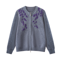 Cardigan en laine 100% tricoté sur mesure, col à revers, broderie florale, double fermeture éclair, ourlet côtelé, OEM/ODM