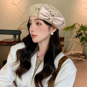 Tricoté à la main perle papillon noeud béret chapeau femmes mode coréenne respirant petit visage peintre casquette automne évider conception - Product Image 3