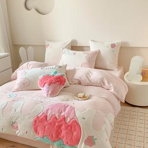 ODM/OEM Cartoon Applique pink Milk Velvet Comforter <strong>Cover</strong> 4pcs Bedsheet Kid' Bedding Set Supplier - Product Image 5